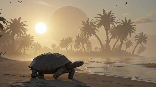 turtle walking beach massive exotic prehistoric plants giant hazy sun horizon perfect for world turtle day