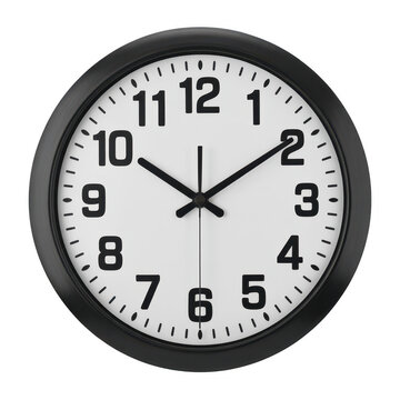 Round wall clock with black frame and white face showing time on a white background isolated on a transparent background