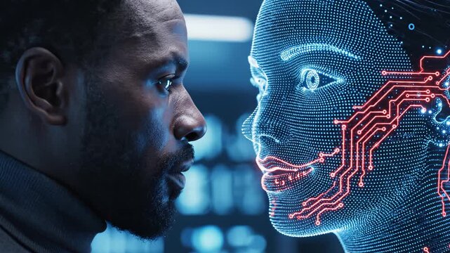 Man facing AI face in digital interface for corporate presentations, business marketing, and commercial use