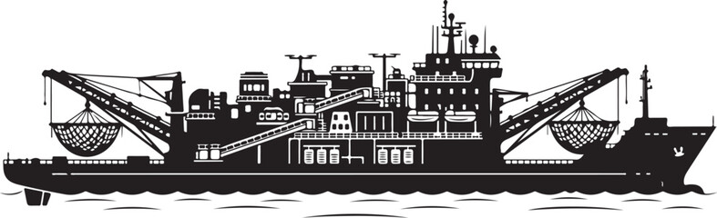 Obraz premium Industrial cargo ship, freight vessel, black and white illustration, transportation icon