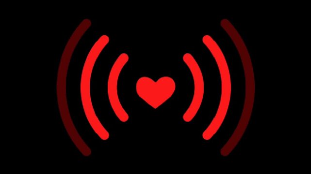 red glowing heart signal waves pulsing animation on dark background romantic love broadcast concept loop
