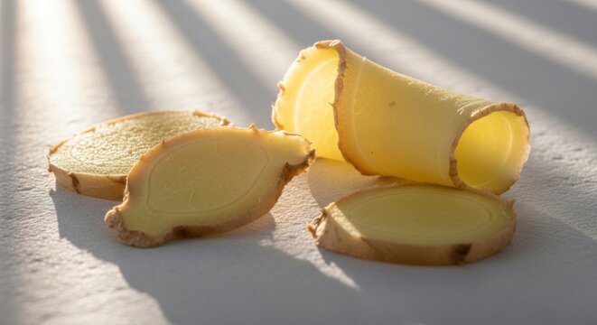 Fresh ginger root slices on a white cutting board