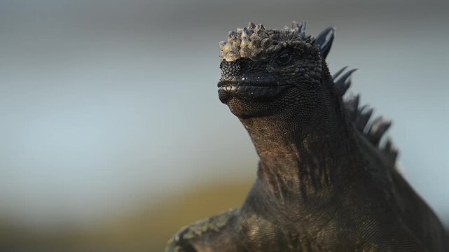 Galapagos Marine Iguana Head Portrait Against Blue Sky
