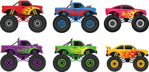 Monster Truck Collection with Colorful Off Road Vehicles and Flame Designs for Racing, Adventure, and Extreme Sport Illustration Set © Rafika