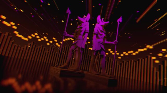 4K seamless orange and purple VJ loop featuring a stylized, geometric 3D Anubis deity figure with glowing circuits for VJ sets, stage screens, electronic music festivals and LED video walls