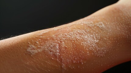 Fototapeta premium Medical photography of a human forearm with early Lyme disease rash (erythema migrans), subtle bullseye pattern on skin, natural skin texture, soft studio lighting, macro detail