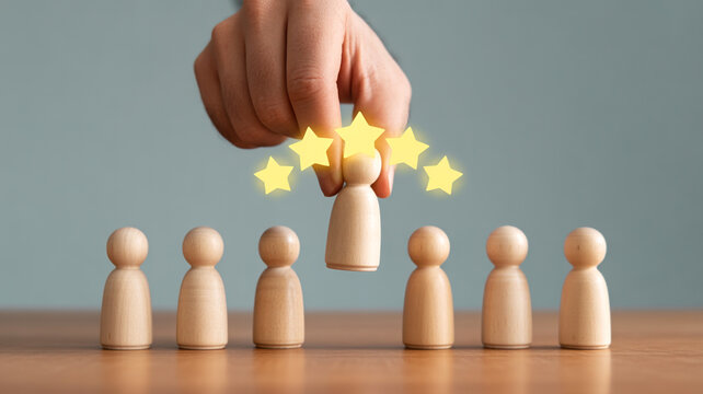 Hand selects a wooden person icon with five glowing stars symbolizing excellent rating and top talent selection