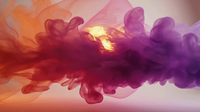 Vivid colored smoke swirls and diffuses through water, forming fluid, organic motion with soft gradients and dynamic patterns ideal for abstract backgrounds and visual effect