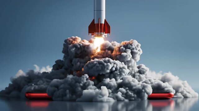 Rocket launching from smartphone for commercial backgrounds, digital design, and advertising