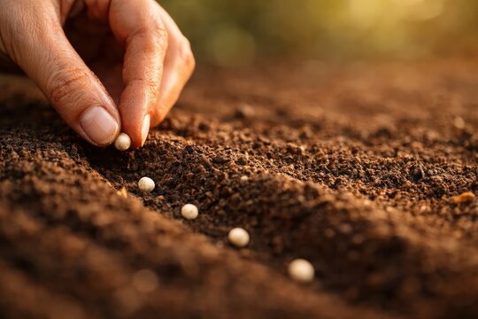 Farmer hand planting seeds into soil, agriculture growth and future harvest concept, wide banner with copy space.