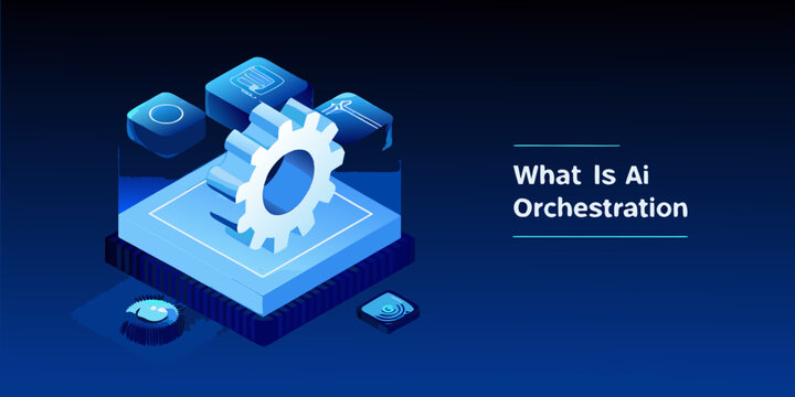 Ai orchestration concept illustrated with geometric shapes and a gear