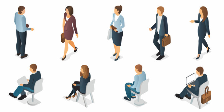 Isometric illustration of diverse professionals in various work scenarios
