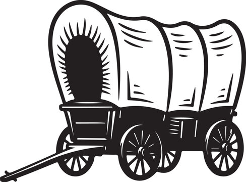 Vintage Covered Wagon, Conestoga Style, Black and White Illustration, Vector Graphic