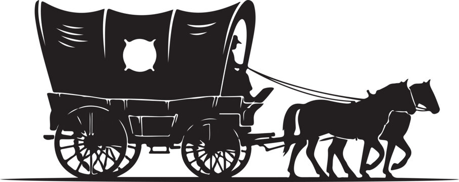 Vintage horse drawn carriage, black silhouette, travel icon, transportation symbol