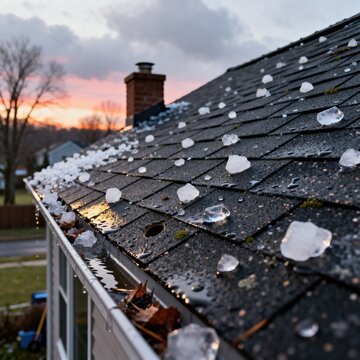 Hail damage on residential roof with cracked shingles and scattered ice after storm, concept of property insurance, weather risk, repair and home maintenance