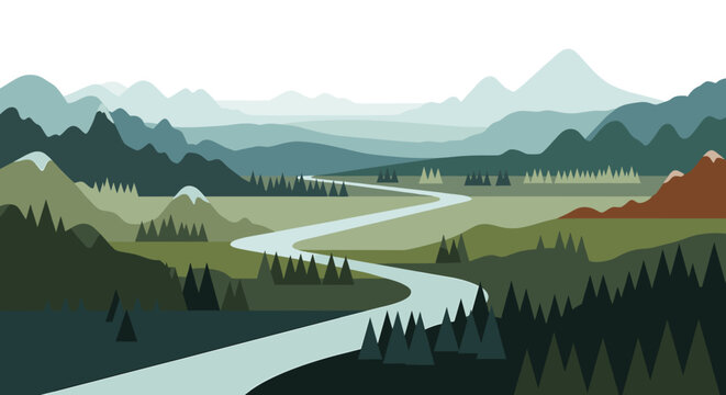 Serene mountain vista illustration evokes calm, peace, and tranquility. Ideal for backgrounds, websites, or marketing materials seeking a natural, sop