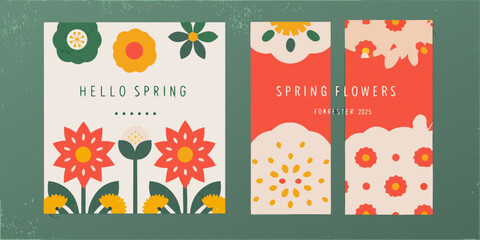 Stylized floral designs arranged in vertical panels with spring greetings © Asit