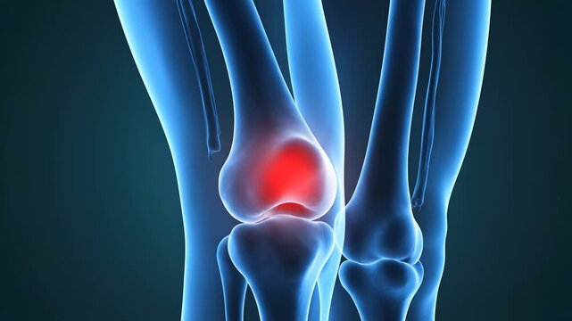 Human knee joint anatomy with highlighted pain area for healthcare marketing, medical presentations, and commercial use