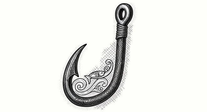 Polynesian style fish hook with fish and wave patterns, traditional maori hei matau design, intricate tribal tattoo art illustration, black and white vector graphic