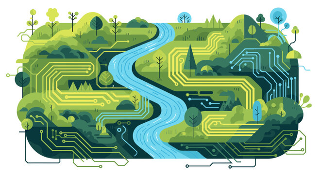 A vibrant illustration symbolizing the harmony between nature and technology, evoking feelings of growth, innovation, and a sustainable future. Suitab