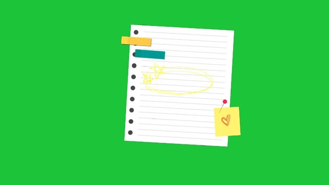 Notebook page with sticky notes and doodles pinned on green background creative planning concept animation