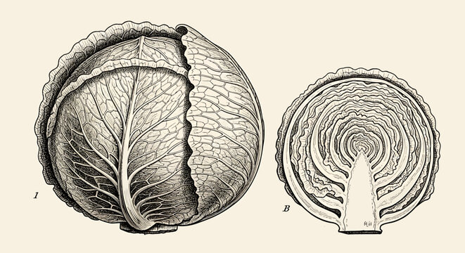 Vintage style botanical illustration of a whole cabbage and a cross section of a cabbage head