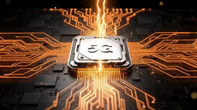 High performance CPU chip with glowing orange circuit pathways, futuristic processor technology animation for advanced computing, semiconductor hardware and digital electronics concept