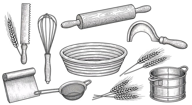 Set of baking tools and wheat ears, hand drawn illustration, engraving style