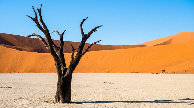 Dead camel thorn tree in deadvlei, namibnaukluft national park, namibia famous desert landscape with orange sand dunes and clear blue sky