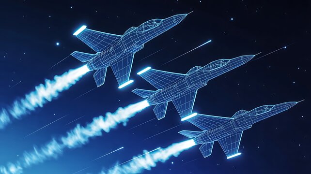 Futuristic fighter jets flying in formation with digital wireframe design and high speed aviation concept