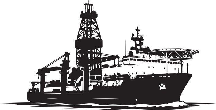 Drilling ship, offshore oil rig, black silhouette, vector illustration, industrial vessel