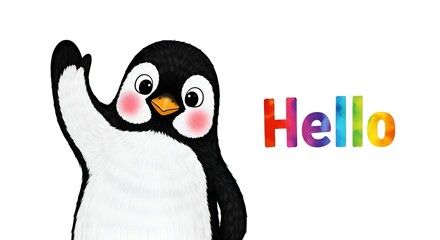 Naklejka premium Cute cartoon penguin waving hello with colorful text