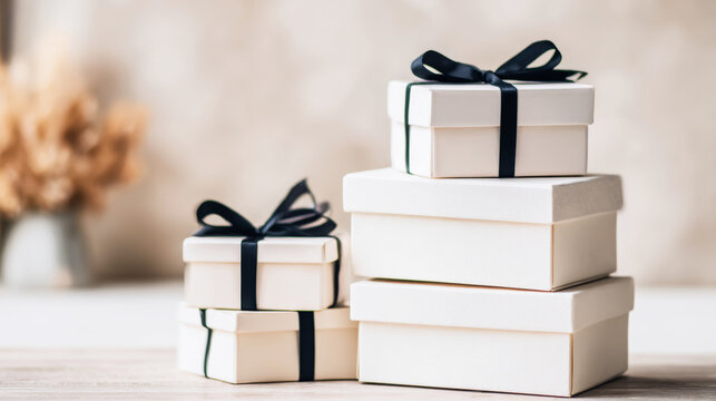 Stacked white gift boxes tied with black satin ribbon symbolizing elegance and celebration