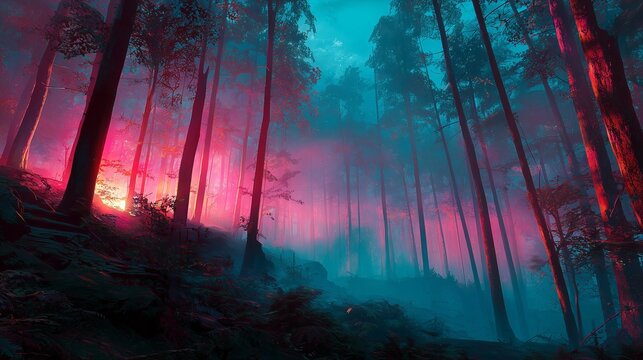 Towering trees glow with vibrant pink and teal hues in a misty forest, sunlight piercing through. The surreal colors and ethereal light create a dreamlike, otherworldly atmosphere filled with mystery.