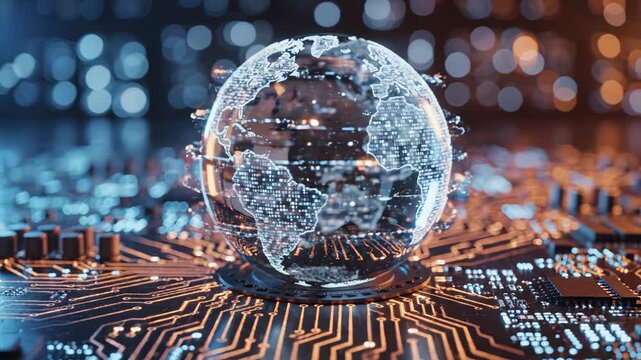 Glass globe with binary code on circuit board for corporate presentations, business marketing, and commercial use