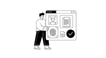 Modern person interacts with digital interface displaying biometric fingerprint scan, user profile portrait, document icons, and upload symbol, signifying secure identity © Motionby