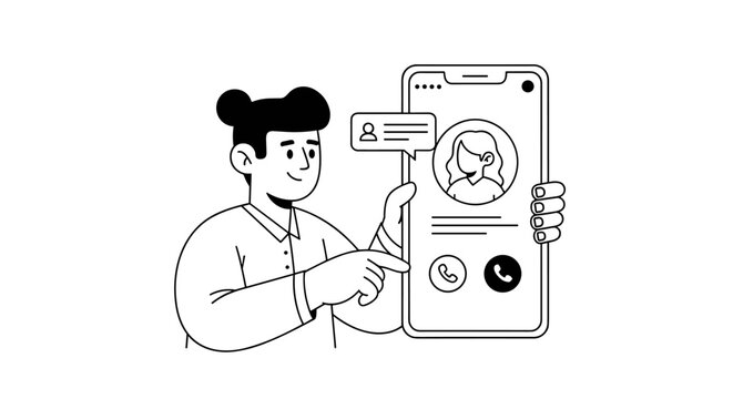 Person holding smartphone displaying incoming call interface with user profile picture and call buttons, simple line art style, clean shapes, monochrome palette, representing