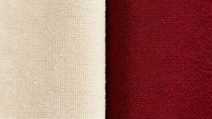 Fototapeta premium Macro woven linen texture wallpaper, vertical split fabric design, cream and burgundy tones, identical thread weave, clean studio lighting seamless background