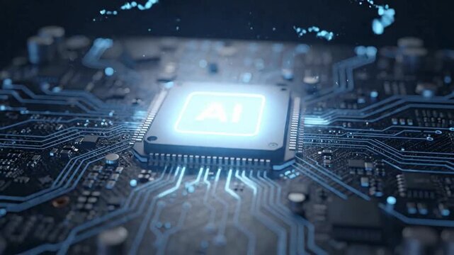 Artificial intelligence chip animation video with glowing processor core, advanced machine learning technology concept, futuristic digital computing and smart semiconductor background