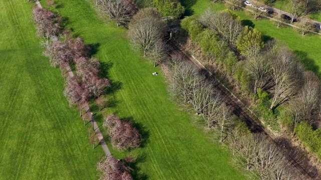 Top down aerial view of a park pathway in Harrogate North Yorkshire with lined trees grass and wooded area creating a calm organised outdoor scene known as the stray in the spring season