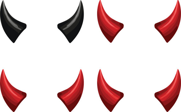 Devil horn vector set featuring red and black curved horns in glossy cartoon style isolated on clean background for fantasy character design
