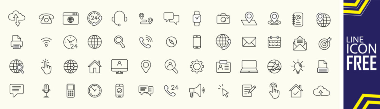 Collection of various line icons related to technology and communication on beige background with free icons
