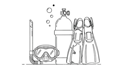 Obraz premium Dive Gear: A collection of essential scuba diving equipment, including a tank, mask, snorkel, and fins, stands ready for an underwater adventure. 