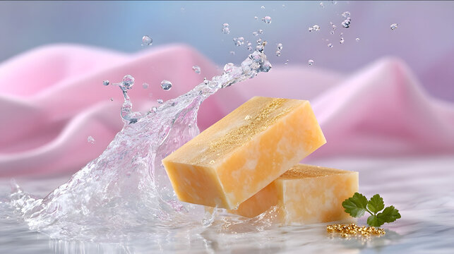 Photography of luxury pheromone soap with flowing water splash and soft pink gradient background macro product shot glossy texture high contrast studio ligh