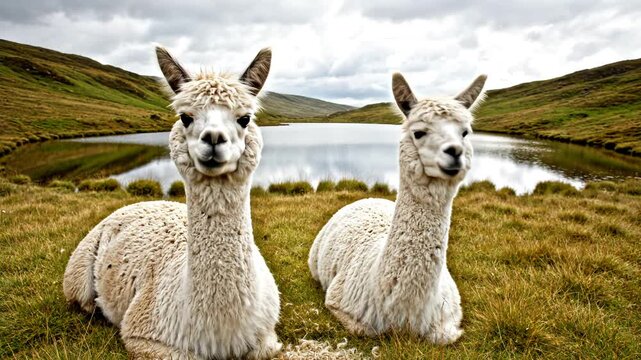Two llamas resting by a lake for commercial advertising, marketing campaigns, and creative projects