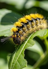 Fototapeta premium Colorful Caterpillar with Black and Yellow Spikes on Green Leaf