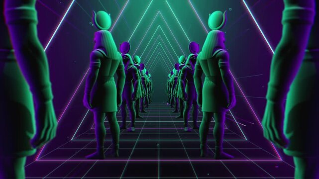 4K seamless turquoise and lilac VJ loop tunnel featuring a stylized, geometric 3D God Ra figure with glowing circuits for VJ sets, stage screens, electronic music festivals and LED video walls