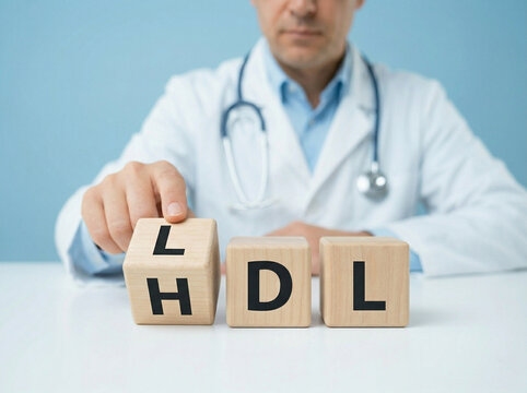 hdl and ldl cholesterol comparison concept using wooden cubes with doctor background for healthcare awareness and cardiology theme