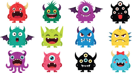 Fototapeta premium Vector Set of Cute and Colorful Cartoon Monsters with Various Features Like Multiple Eyes, Horns, and Wings