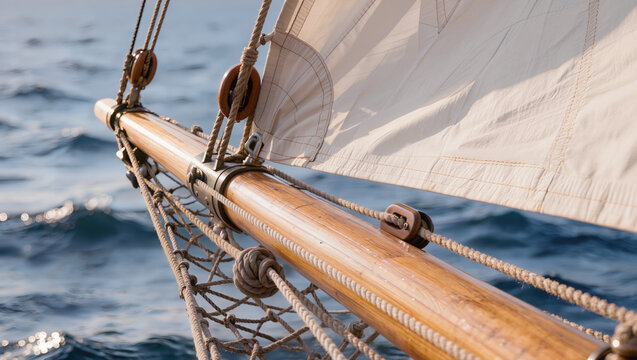 Close-up of wooden sailing ship details: bowsprit, rigging and sails on blue ocean waves under sunlight, nautical concept, maritime craftsmanship, and seafaring design
